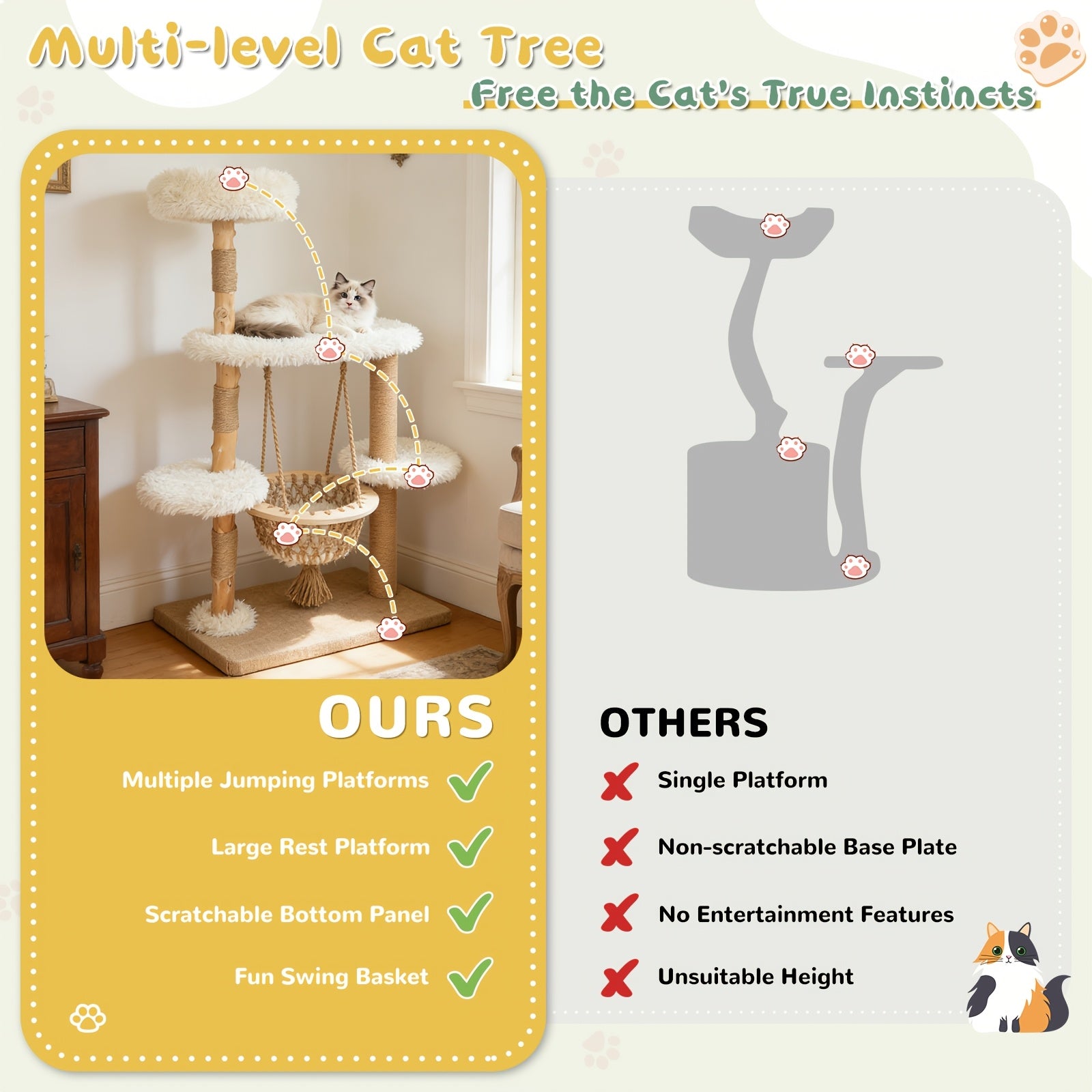 54 Inch Cat Tree for Indoor Cats | Modern Multi-Level Wooden Cat Climbing Tower with Hanging Basket Hammock, Sisal Scratching Posts, Scratchable Base for Multi-Cat Households