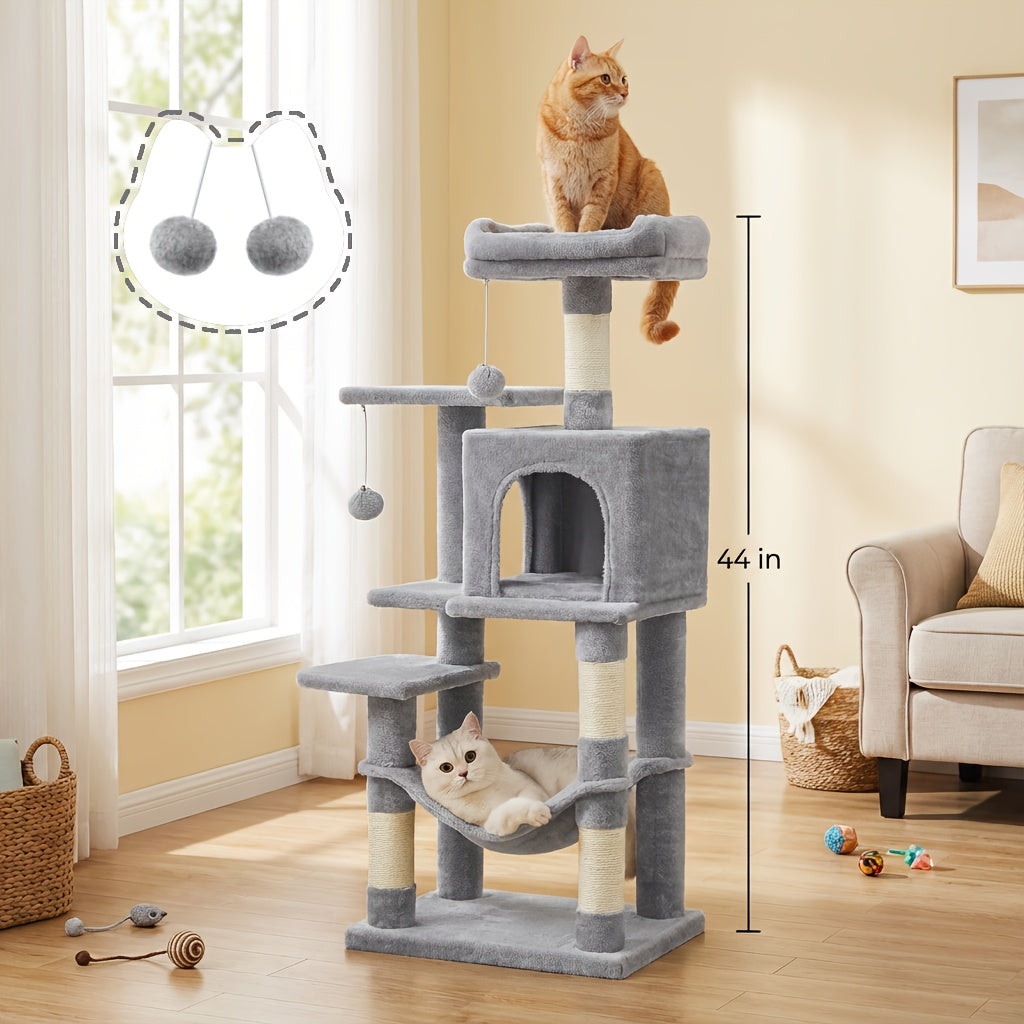 66in\u002F44in Multi-Level Cat Condo Tower with Cozy Cave & Plush Hammock, Featuring 4 Sisal Scratching Posts, 2 Perches, Anti-Tilt Stable House Apartment, Ultimate Pet Playhouse for Multi-Cat Families, Easy 10-Min Assembly, Gift for Kittens & Cats