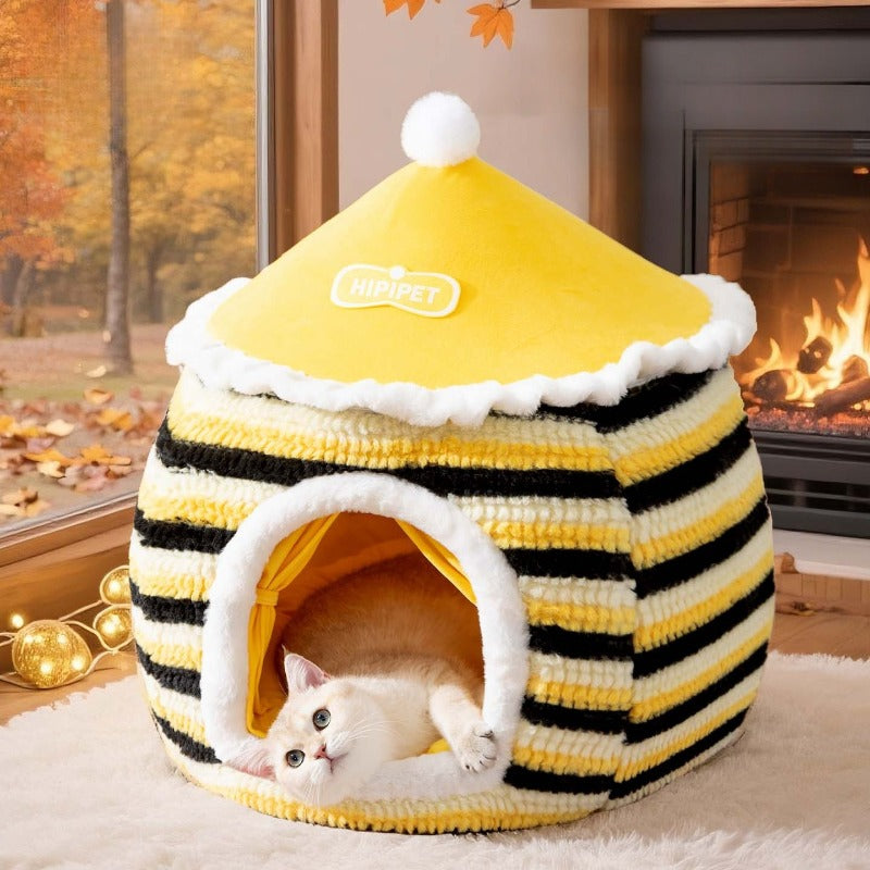 Pet Tent Bed, Autumn and Winter Enclosed Yurt Cat Villa, Fully Enclosed for Puppies and Cats for a Sense of Security, Warm and Comfortable