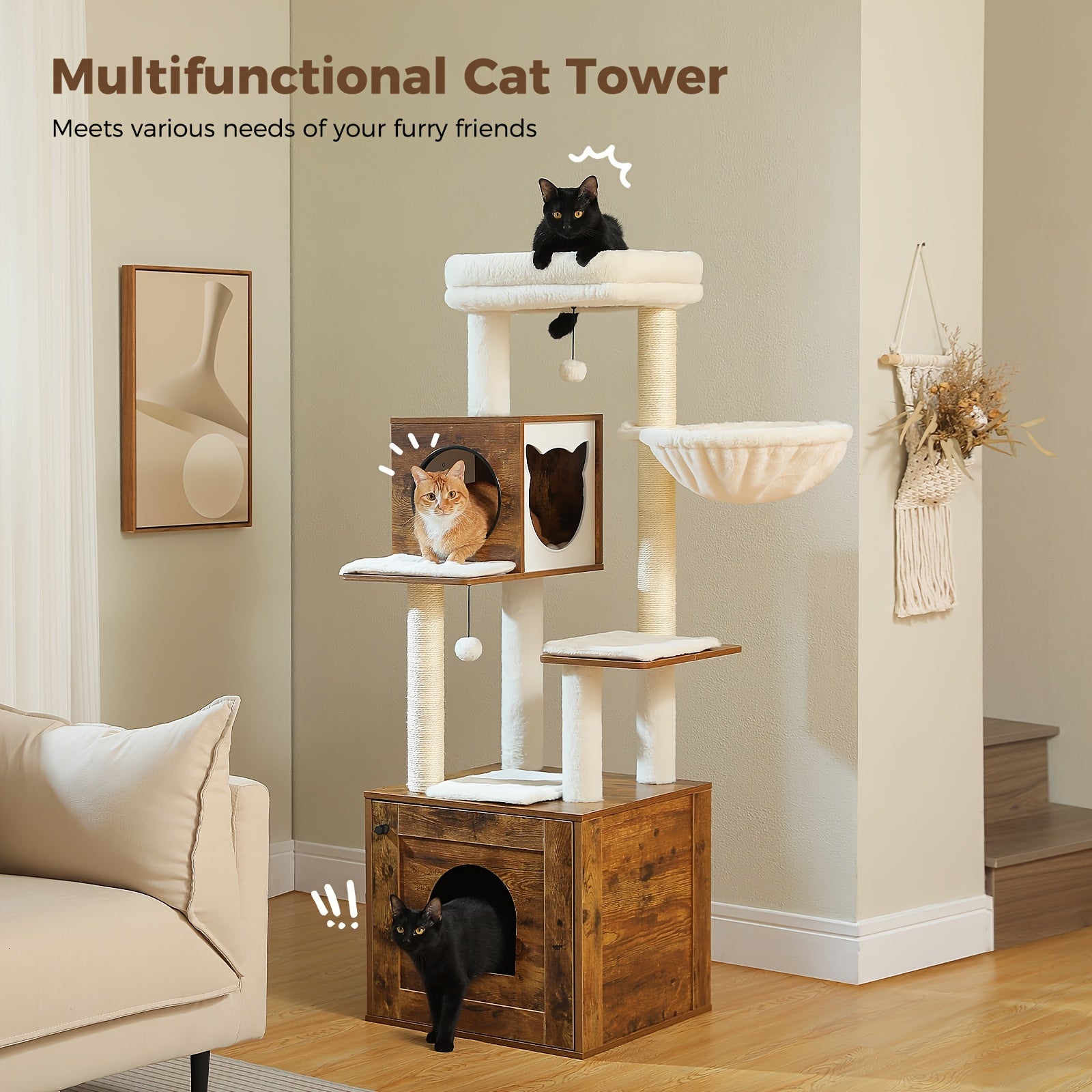 Cat Tree With Litter Box Enclosure Large, Wood Cat Tower For Indoor Cats With Storage Cabinet And Cozy Cat Condo, Sisal Covered Scratching Post And Dangling Balls, Beige, Black, Brown, Grey