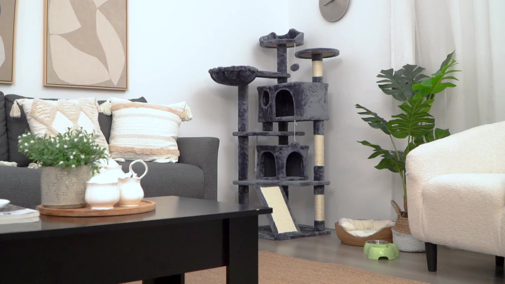 Costoffs 57''H Cat Tree Perfect Gift for Cats Condo Kitten Tree Tower w\u002F 2 Condos & Dangling Ball & Round Platform & Ladder Multilevel Indoor Cat Tree Tower for Kittens\u002FSmall Cats Christmas Gift