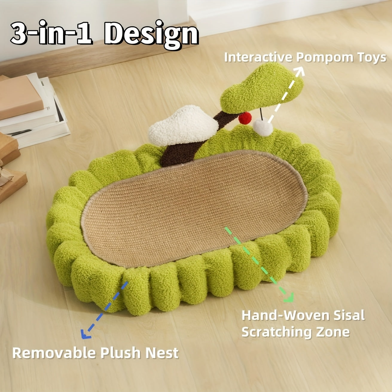 Sisal Cat Scratching Board Bed, 3-in-1 Functional Design, Including 2 Pom Pom Toys, Green Tree-shaped Scratching Post And Lounge Chair, Durable Indoor Cat Furniture Protector