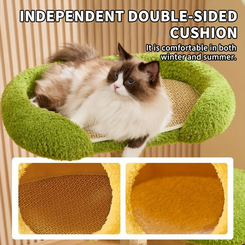 Solid Wood Modern Cat Tree Tower with Multi-Level Platforms, Scratching Posts, Top Cattail Basket Bed, Hammock & Condo - Sturdy Indoor Cat Furniture with Soft Cushioned Perches, Spacious Design for Large Adult Cats - Durable Cat Tree for Climbing
