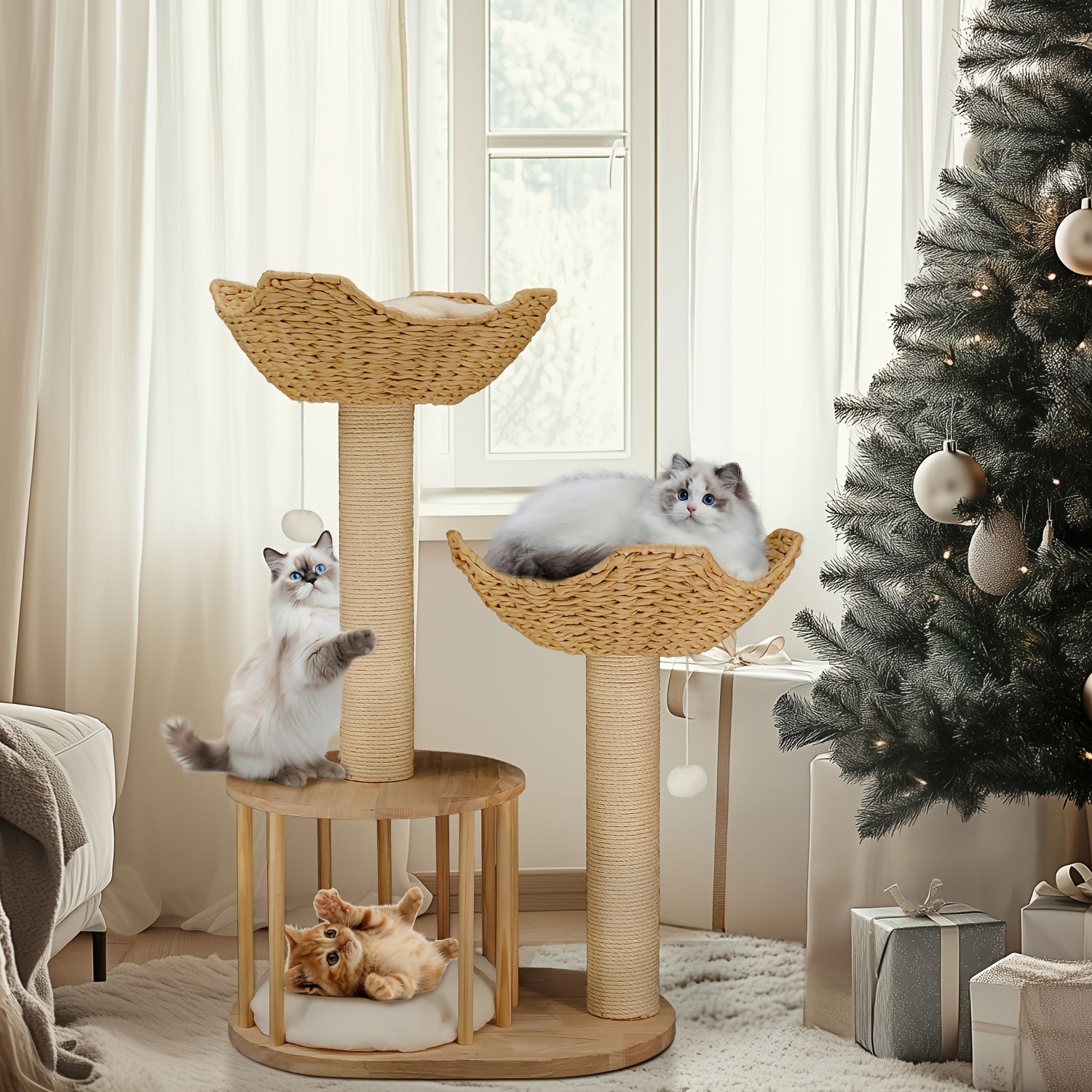 3-tier Cat Tree Activity Tower Condo Furniture with Plush Cushion Cozy Rest Dangling Ball Sisal Scratching Post for Indoor Cats