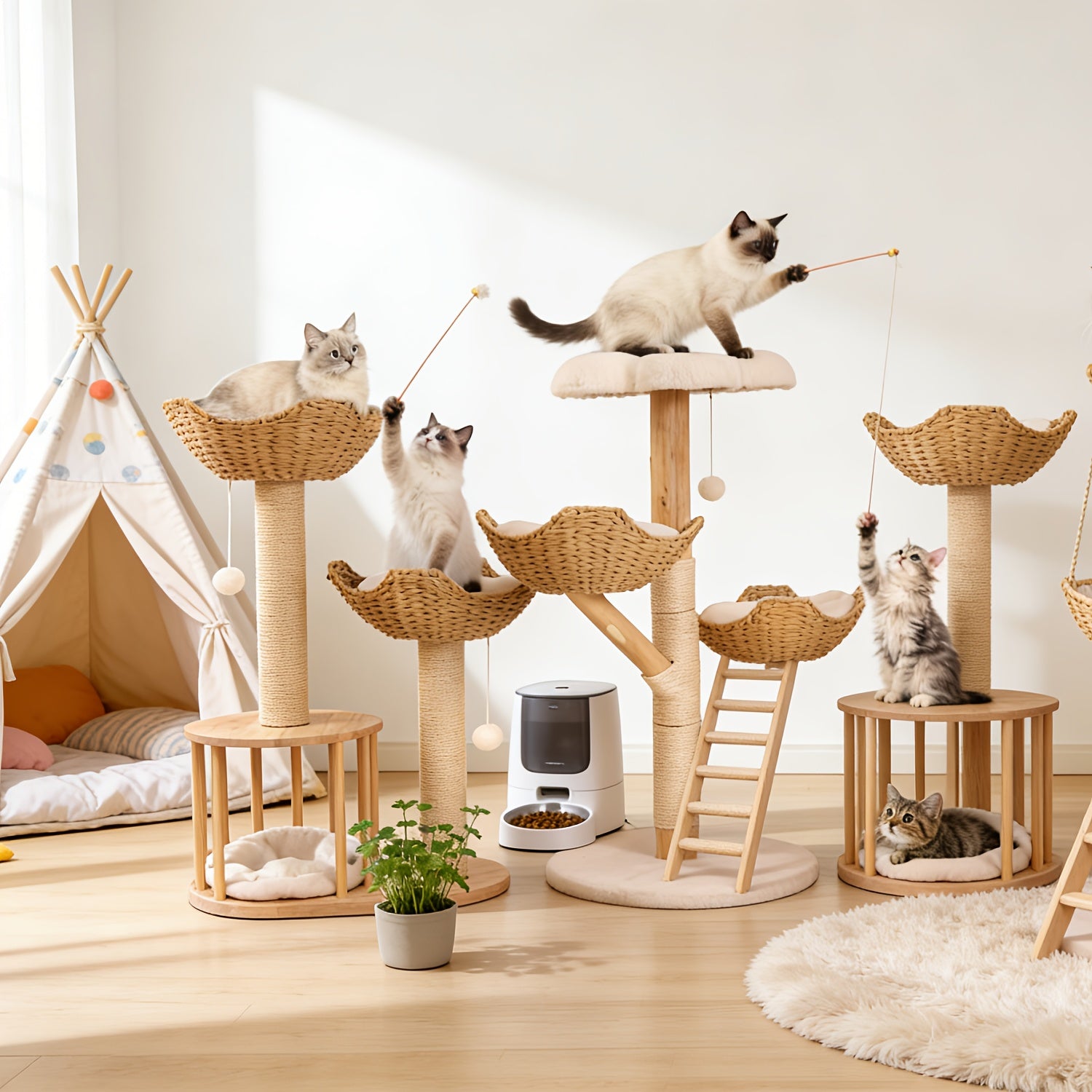 3-tier Cat Tree Activity Tower Condo Furniture with Plush Cushion Cozy Rest Dangling Ball Sisal Scratching Post for Indoor Cats
