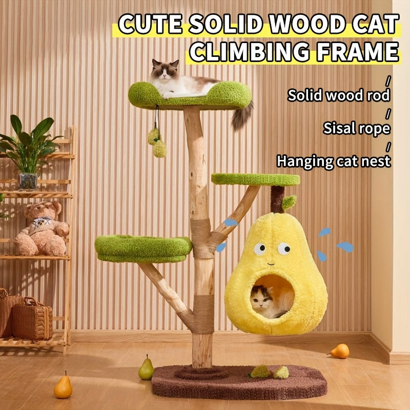Solid Wood Modern Cat Tree Tower with Multi-Level Platforms, Scratching Posts, Top Cattail Basket Bed, Hammock & Condo - Sturdy Indoor Cat Furniture with Soft Cushioned Perches, Spacious Design for Large Adult Cats - Durable Cat Tree for Climbing