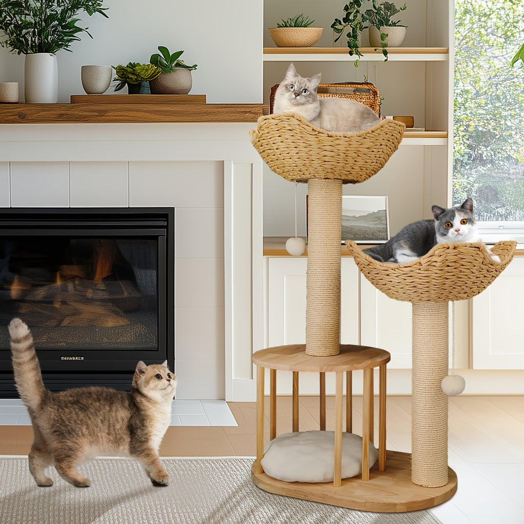 3-tier Cat Tree Activity Tower Condo Furniture with Plush Cushion Cozy Rest Dangling Ball Sisal Scratching Post for Indoor Cats