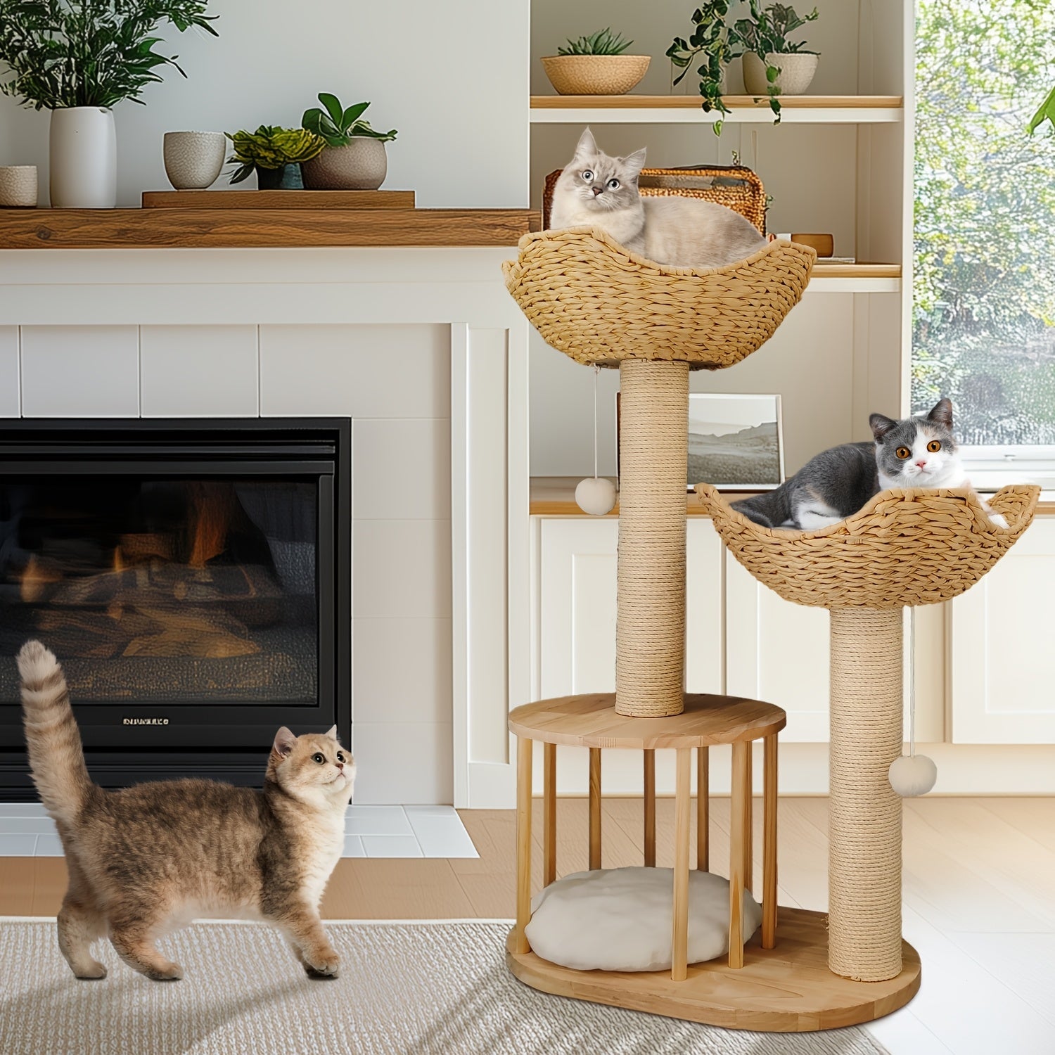3-tier Cat Tree Activity Tower Condo Furniture with Plush Cushion Cozy Rest Dangling Ball Sisal Scratching Post for Indoor Cats