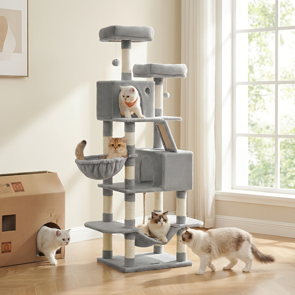 66in\u002F44in Multi-Level Cat Condo Tower with Cozy Cave & Plush Hammock, Featuring 4 Sisal Scratching Posts, 2 Perches, Anti-Tilt Stable House Apartment, Ultimate Pet Playhouse for Multi-Cat Families, Easy 10-Min Assembly, Gift for Kittens & Cats