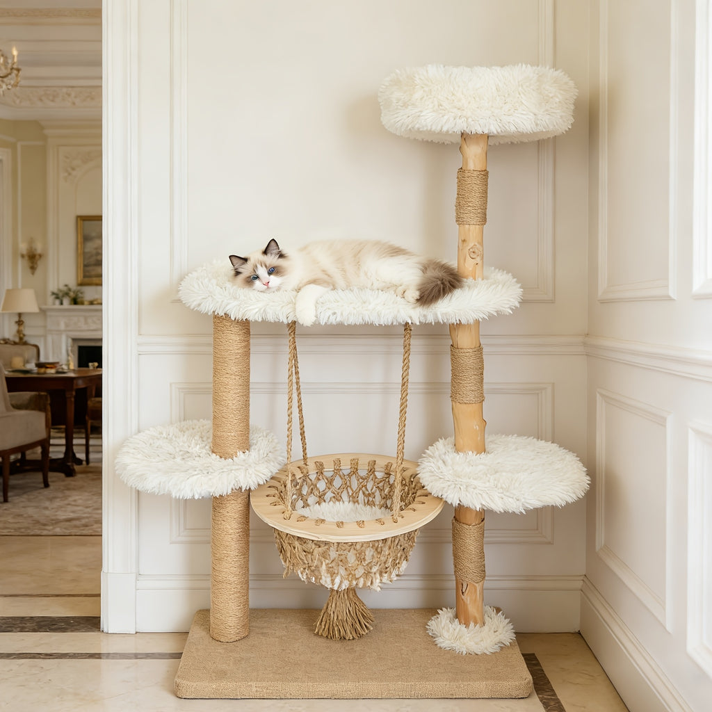 54 Inch Cat Tree for Indoor Cats | Modern Multi-Level Wooden Cat Climbing Tower with Hanging Basket Hammock, Sisal Scratching Posts, Scratchable Base for Multi-Cat Households