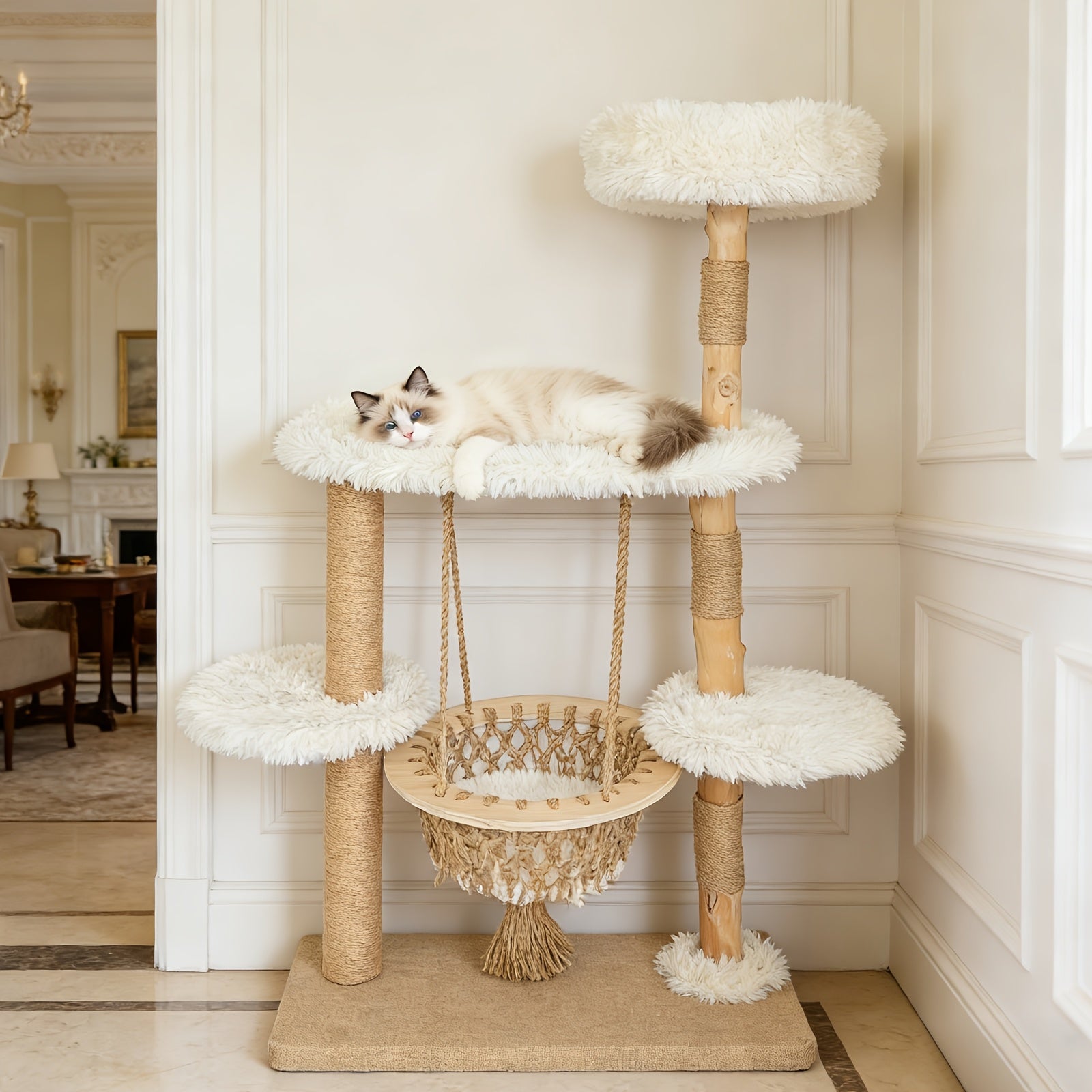 54 Inch Cat Tree for Indoor Cats | Modern Multi-Level Wooden Cat Climbing Tower with Hanging Basket Hammock, Sisal Scratching Posts, Scratchable Base for Multi-Cat Households