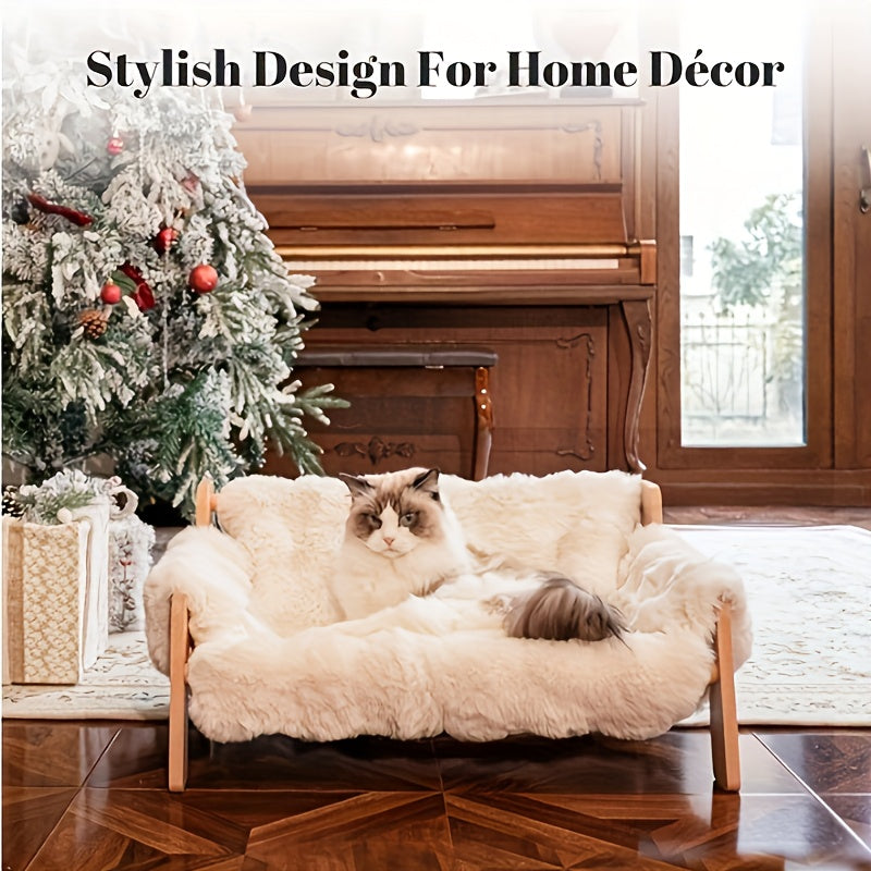 Raised Solid Wood Pet Couch Bed - Elevated Modern Cat & Dog Sofa Chair with Thick, Wide Wood Frame, (Suitable for cats & small Dogs), Space-Saving Cozy Pet Furniture for Apartments, 27.2\