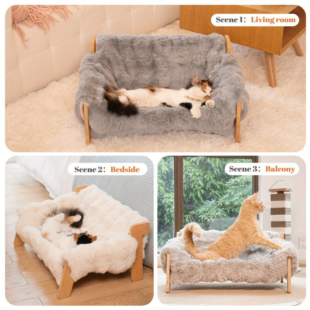 Raised Solid Wood Pet Couch Bed - Elevated Modern Cat & Dog Sofa Chair with Thick, Wide Wood Frame, (Suitable for cats & small Dogs), Space-Saving Cozy Pet Furniture for Apartments, 27.2\