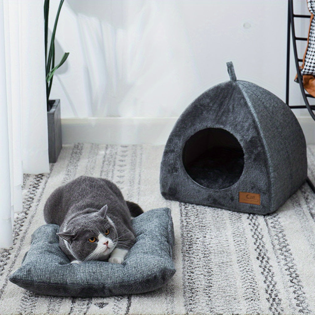 3D Thickened Winter Cat Bed - Warm Triangular Design, Pet-Friendly Closed-Top Enclosure for Cats & Small Dogs, Cozy Indoor Nest with Soft Fabric, Easy-Clean Gray Cat Furniture, Cat Bed, Contemporary Pet Furniture, Petfriendly Design