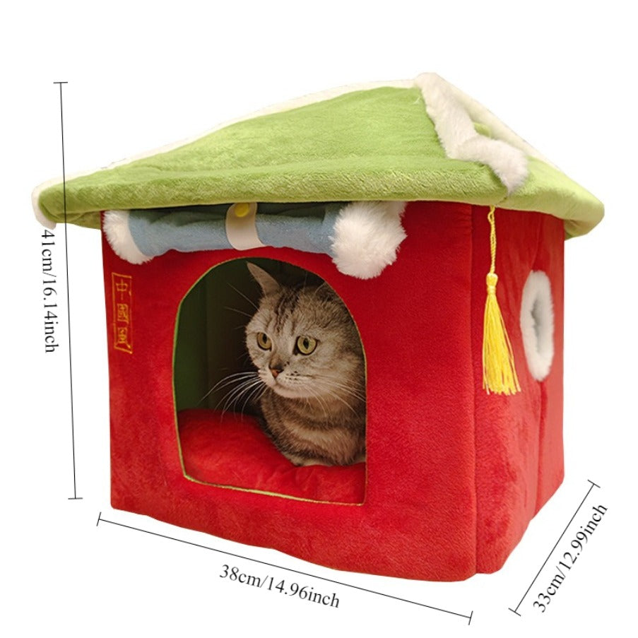 Chinese Ancient Style Cat House | Fully Enclosed, Removable and Washable, Winter Warmth, Suitable for Cats up to 16.53 lbs