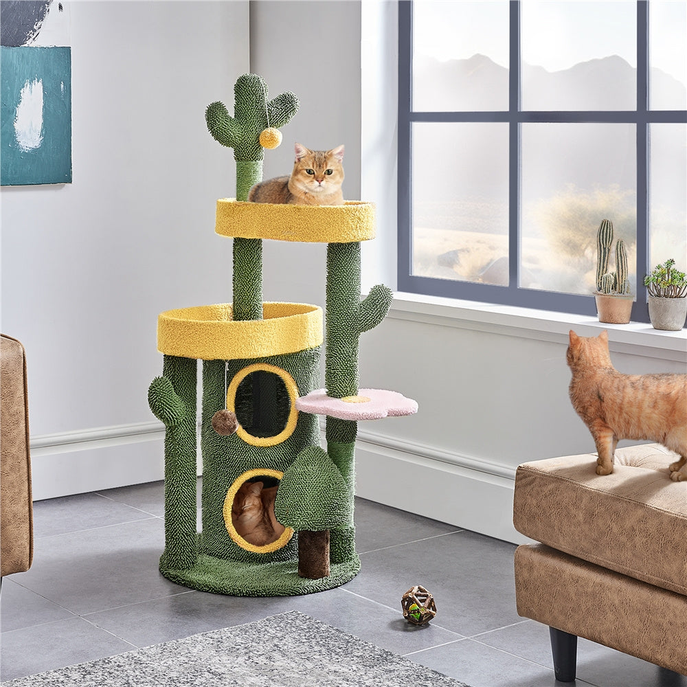 Costoffs 48.5in Cat Tree Oasis-Themed Fleece-Covered Cat Tree Tower, Cactus Cat Condo with 3 Perches\u002FScratching Posts\u002FToys, Cute Cat House Activity Center, Anti-tipping, Ideal Christmas Gift for Indoor Cat Kitty, Green & Yellow