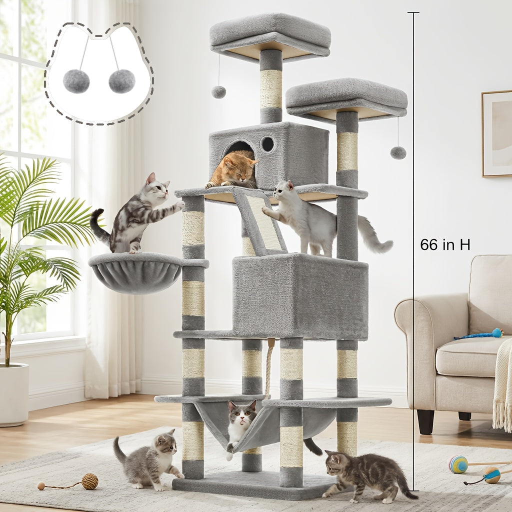 66in\u002F44in Multi-Level Cat Condo Tower with Cozy Cave & Plush Hammock, Featuring 4 Sisal Scratching Posts, 2 Perches, Anti-Tilt Stable House Apartment, Ultimate Pet Playhouse for Multi-Cat Families, Easy 10-Min Assembly, Gift for Kittens & Cats