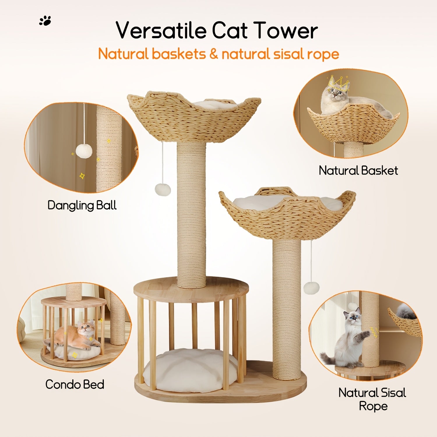 3-tier Cat Tree Activity Tower Condo Furniture with Plush Cushion Cozy Rest Dangling Ball Sisal Scratching Post for Indoor Cats