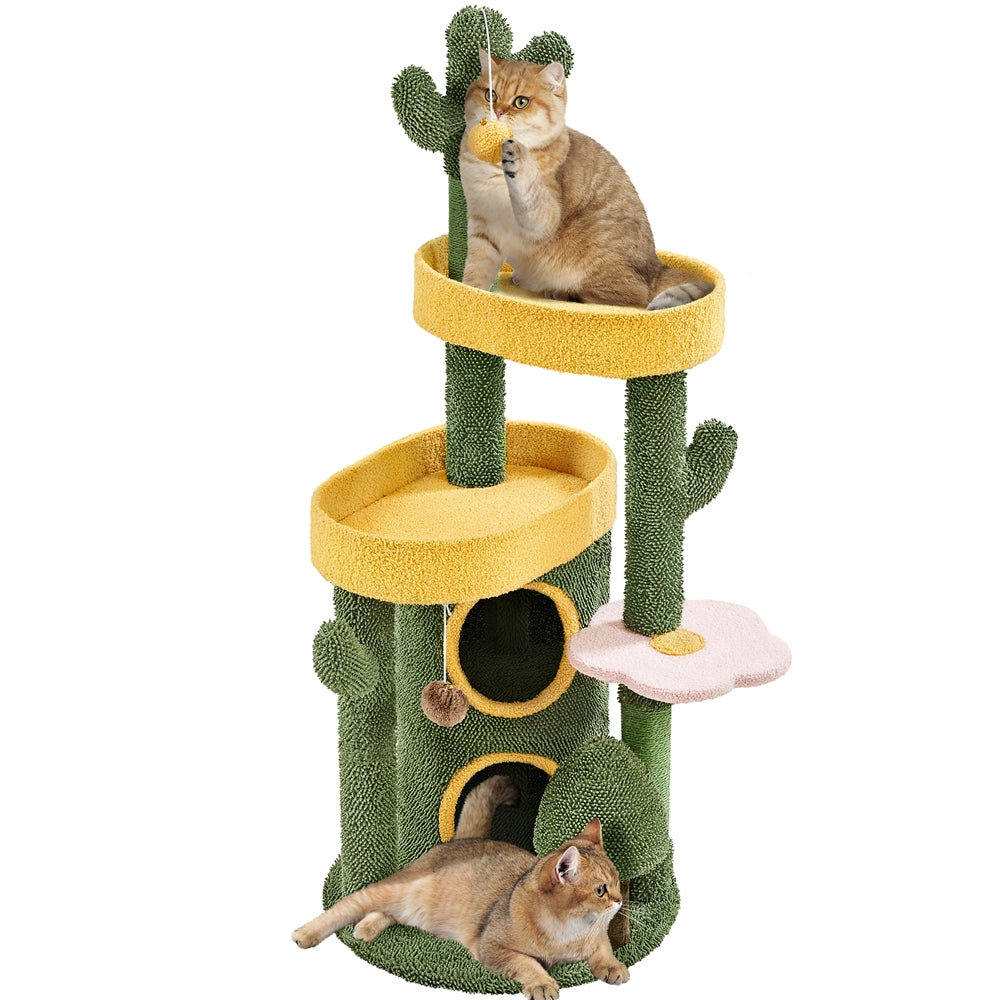 Costoffs 48.5in Cat Tree Oasis-Themed Fleece-Covered Cat Tree Tower, Cactus Cat Condo with 3 Perches\u002FScratching Posts\u002FToys, Cute Cat House Activity Center, Anti-tipping, Ideal Christmas Gift for Indoor Cat Kitty, Green & Yellow