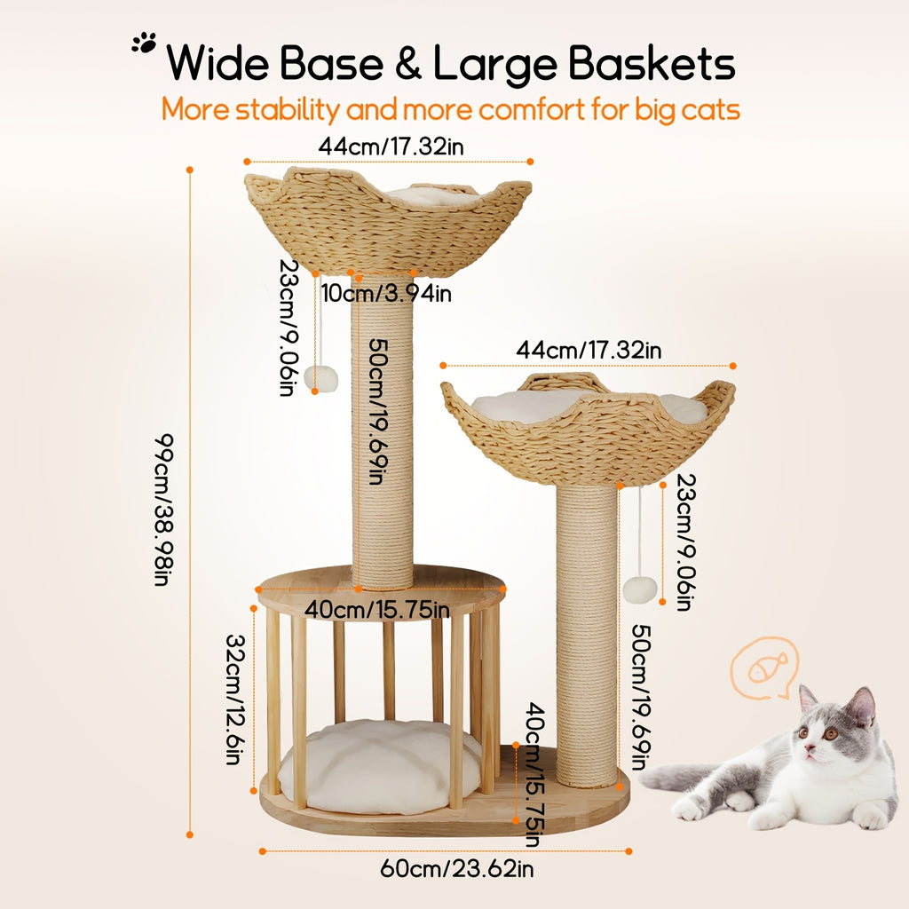 3-tier Cat Tree Activity Tower Condo Furniture with Plush Cushion Cozy Rest Dangling Ball Sisal Scratching Post for Indoor Cats