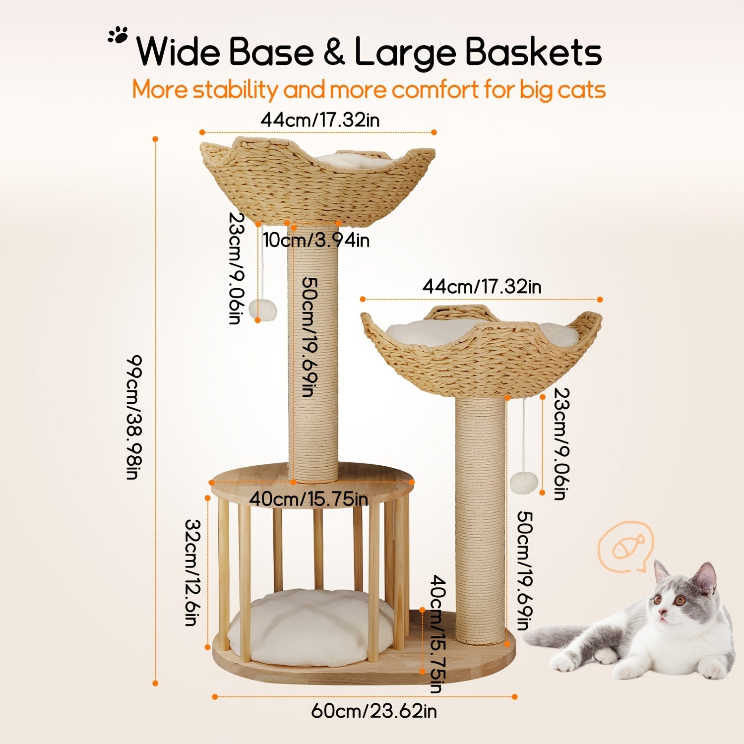 3-tier Cat Tree Activity Tower Condo Furniture with Plush Cushion Cozy Rest Dangling Ball Sisal Scratching Post for Indoor Cats
