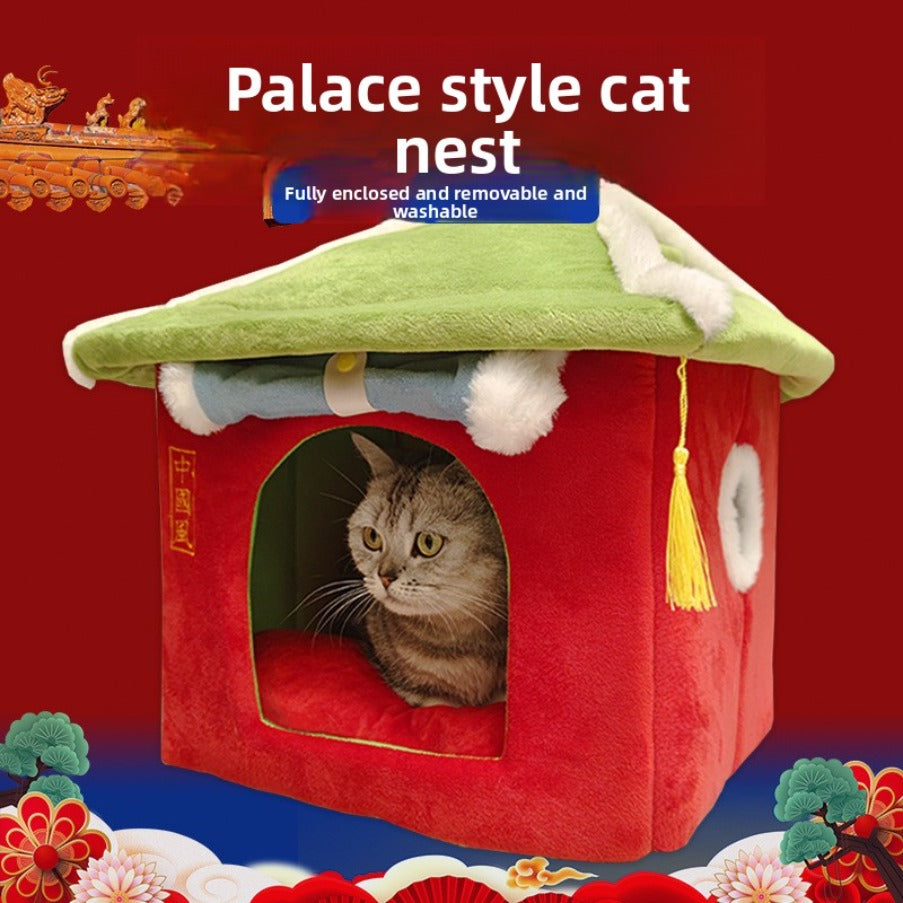 Chinese Ancient Style Cat House | Fully Enclosed, Removable and Washable, Winter Warmth, Suitable for Cats up to 16.53 lbs