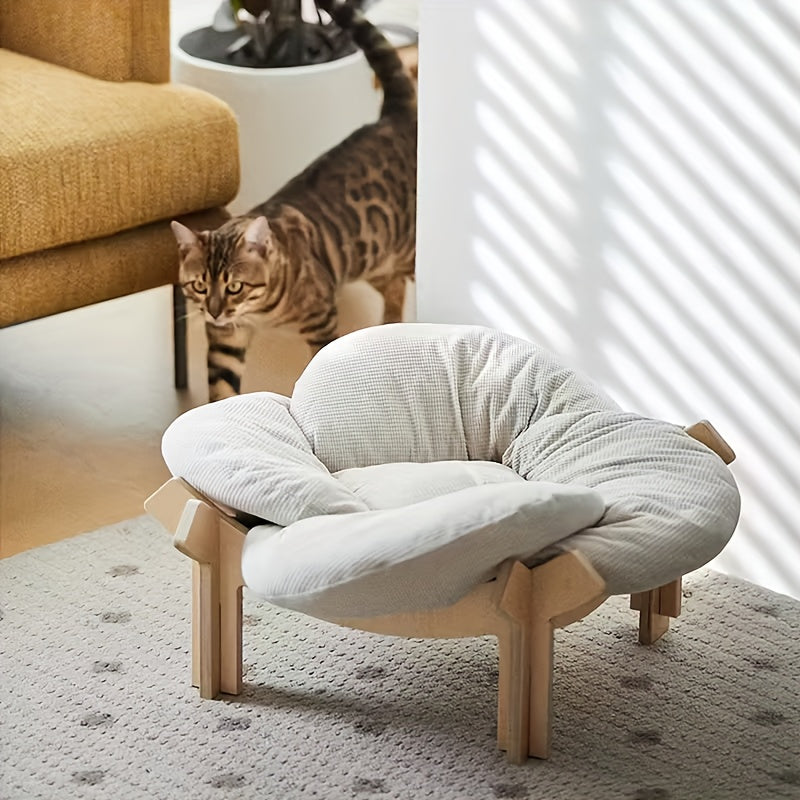 High-leg Joint-protecting Pet Bed, Cat Stand Bed with Soft Cushion And Sturdy Legs, Heart-shaped Wooden Frame with Beige Soft Cushion, Modern Luxury Indoor Pet-specific, Indoor Cat And Small Dog Specific High-leg Sofa