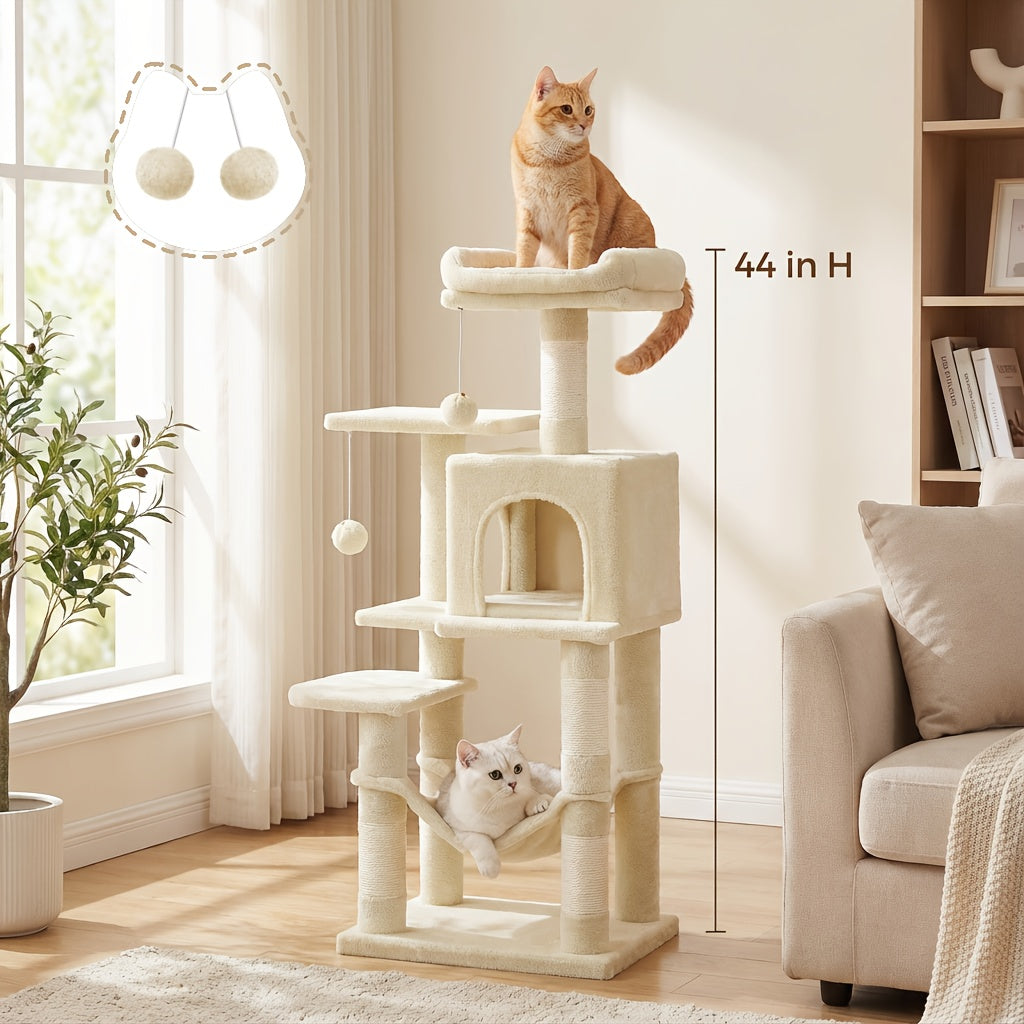 66in\u002F44in Multi-Level Cat Condo Tower with Cozy Cave & Plush Hammock, Featuring 4 Sisal Scratching Posts, 2 Perches, Anti-Tilt Stable House Apartment, Ultimate Pet Playhouse for Multi-Cat Families, Easy 10-Min Assembly, Gift for Kittens & Cats