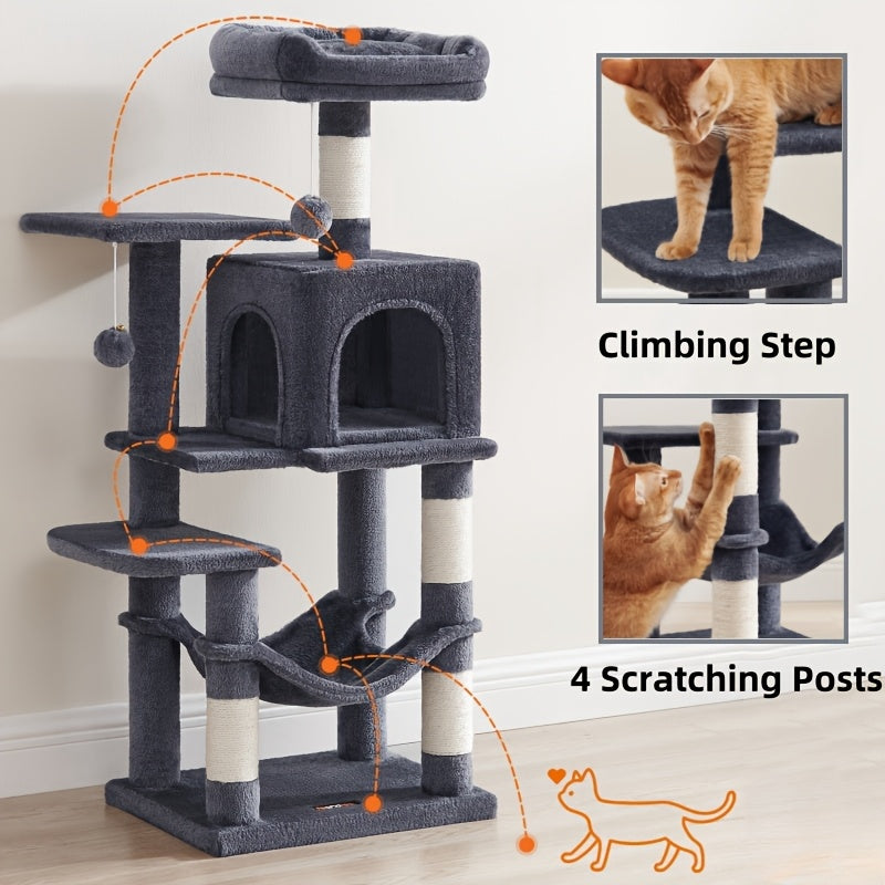 66in\u002F44in Multi-Level Cat Condo Tower with Cozy Cave & Plush Hammock, Featuring 4 Sisal Scratching Posts, 2 Perches, Anti-Tilt Stable House Apartment, Ultimate Pet Playhouse for Multi-Cat Families, Easy 10-Min Assembly, Gift for Kittens & Cats
