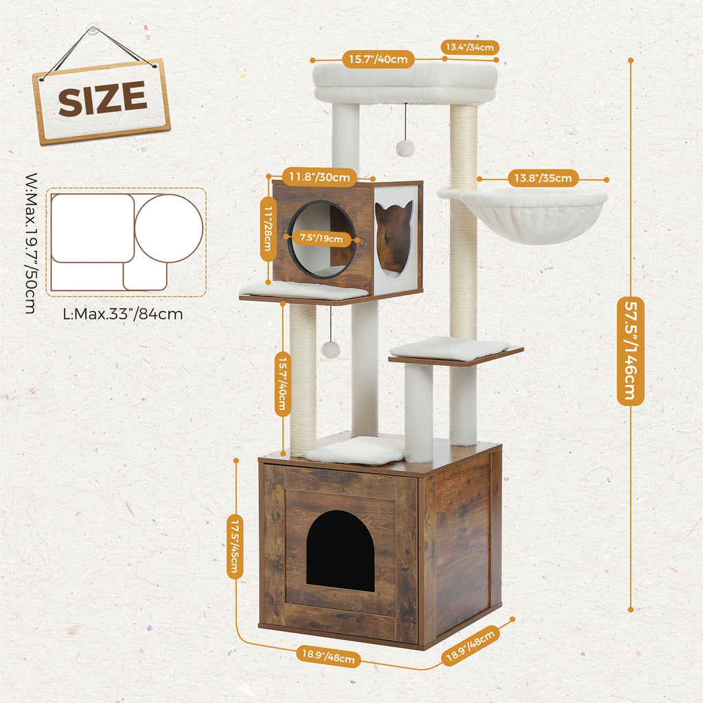 Cat Tree With Litter Box Enclosure Large, Wood Cat Tower For Indoor Cats With Storage Cabinet And Cozy Cat Condo, Sisal Covered Scratching Post And Dangling Balls, Beige, Black, Brown, Grey