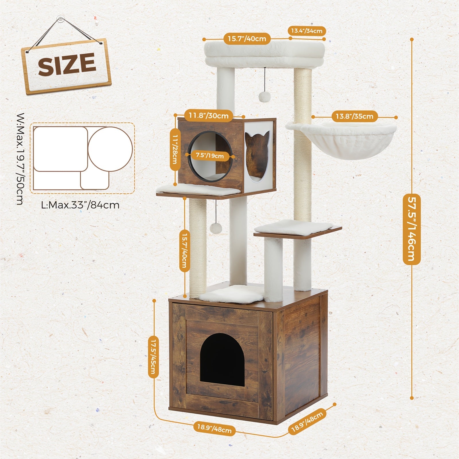 Cat Tree With Litter Box Enclosure Large, Wood Cat Tower For Indoor Cats With Storage Cabinet And Cozy Cat Condo, Sisal Covered Scratching Post And Dangling Balls, Beige, Black, Brown, Grey