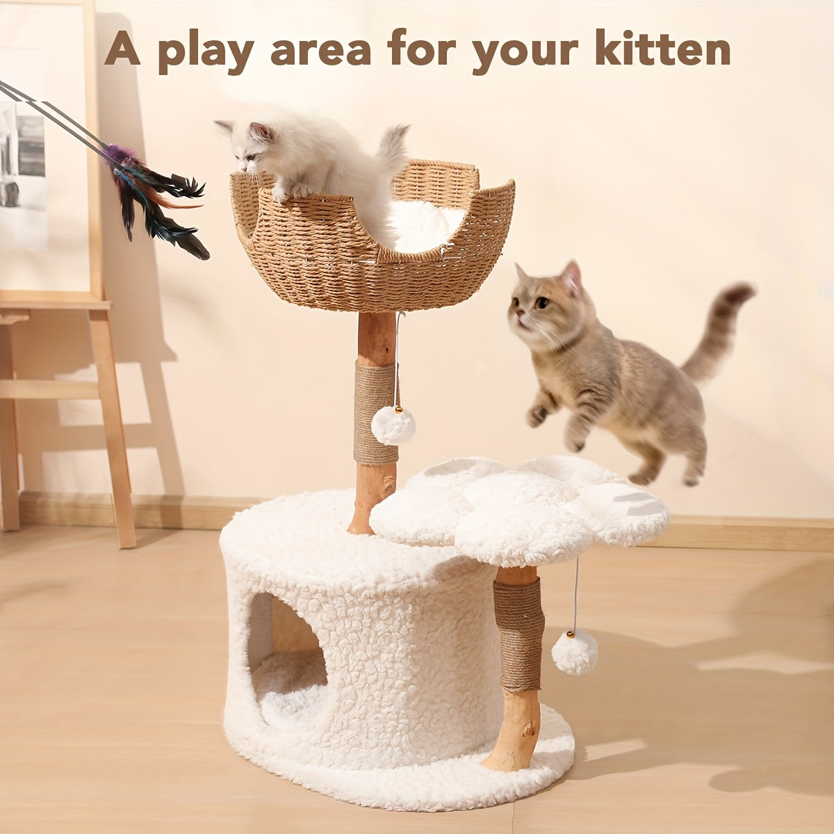 Multi-Level Cat Tree Tower for Kittens Modern Space-Saving Design with Scratching Posts, Caves, 2 Pompoms 2 Cushions, Handwoven, Sturdy Construction for Climbing, Scratching, Resting, Stylish Feline Playhouse, Small Space Solutions, Only for Kitten!!