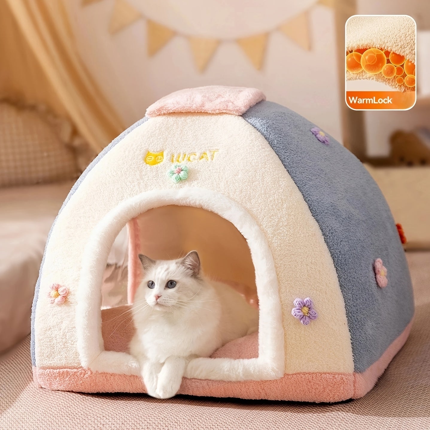 Cat Bed, Autumn Amd Winter Warm Dreamy Cute Pet Tent Bed, for Cats, Dogs, Pets, Autumn Amd Winter Use, for Sleeping, Enclosed Design for Security, Usable as Dog Bed, Pet Cushion, Soft and Comfortable, Indoor Use
