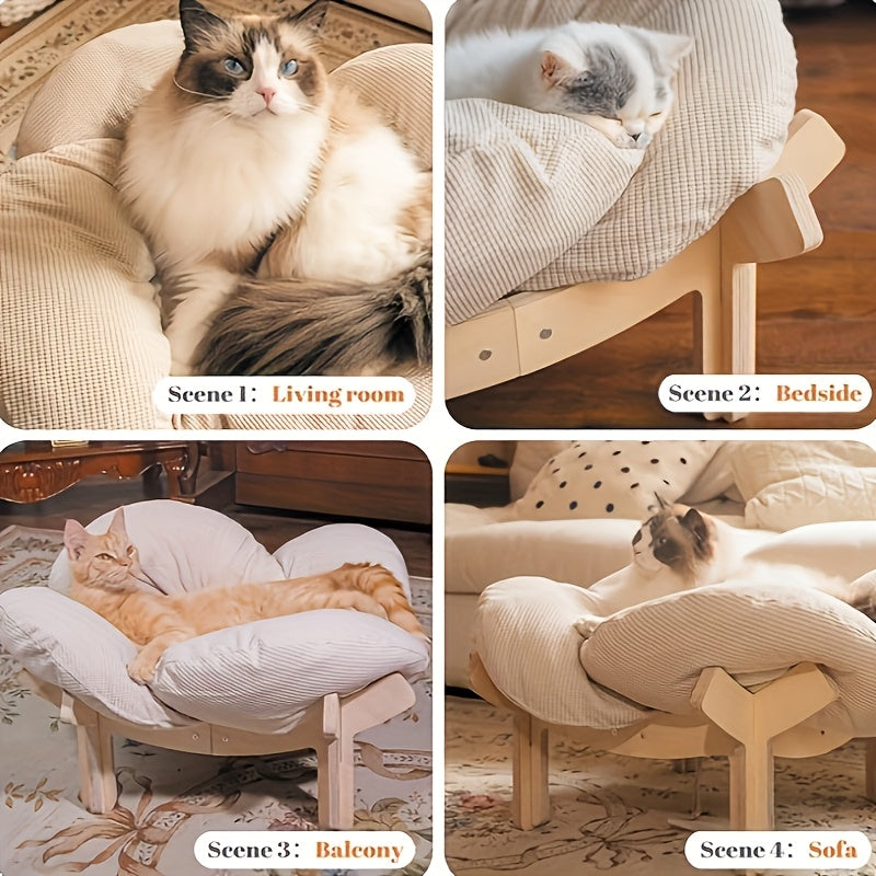 High-leg Joint-protecting Pet Bed, Cat Stand Bed with Soft Cushion And Sturdy Legs, Heart-shaped Wooden Frame with Beige Soft Cushion, Modern Luxury Indoor Pet-specific, Indoor Cat And Small Dog Specific High-leg Sofa