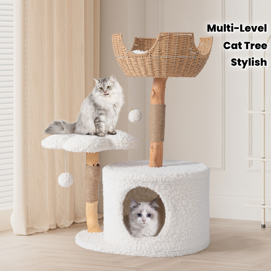 Multi-Level Cat Tree Tower for Kittens Modern Space-Saving Design with Scratching Posts, Caves, 2 Pompoms 2 Cushions, Handwoven, Sturdy Construction for Climbing, Scratching, Resting, Stylish Feline Playhouse, Small Space Solutions, Only for Kitten!!
