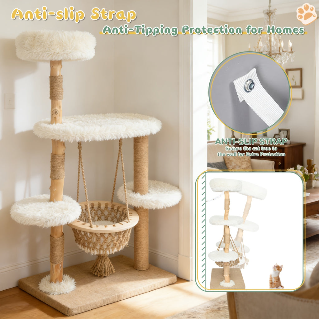54 Inch Cat Tree for Indoor Cats | Modern Multi-Level Wooden Cat Climbing Tower with Hanging Basket Hammock, Sisal Scratching Posts, Scratchable Base for Multi-Cat Households