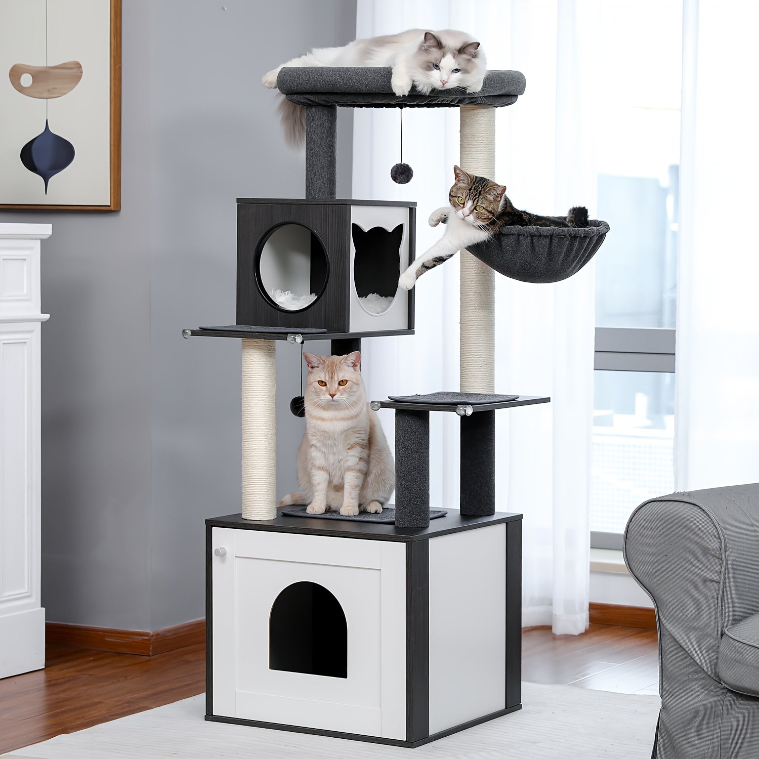 Cat Tree With Litter Box Enclosure Large, Wood Cat Tower For Indoor Cats With Storage Cabinet And Cozy Cat Condo, Sisal Covered Scratching Post And Dangling Balls, Beige, Black, Brown, Grey