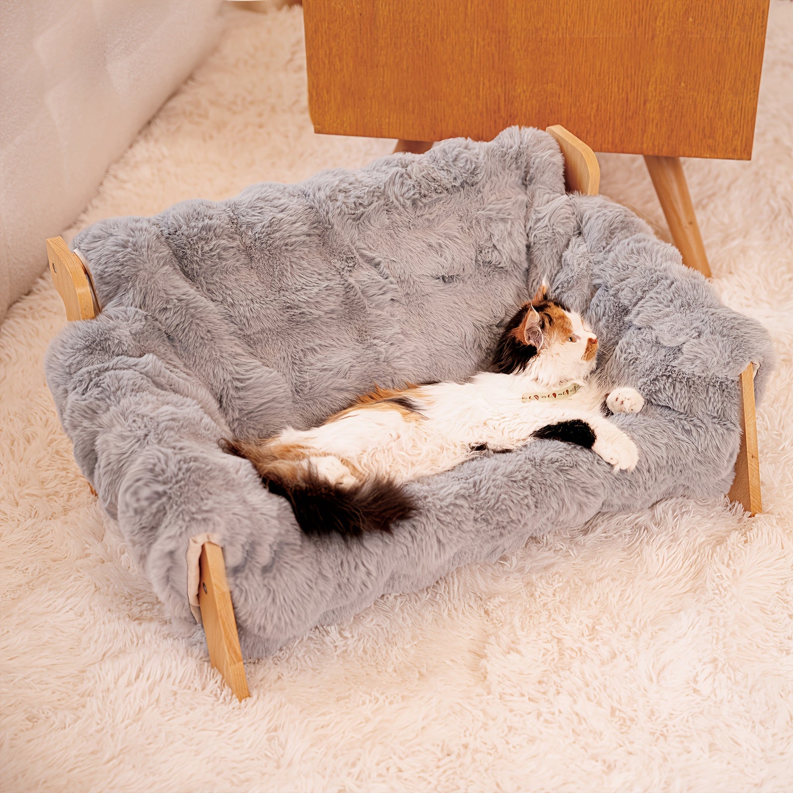 Raised Solid Wood Pet Couch Bed - Elevated Modern Cat & Dog Sofa Chair with Thick, Wide Wood Frame, (Suitable for cats & small Dogs), Space-Saving Cozy Pet Furniture for Apartments, 27.2\