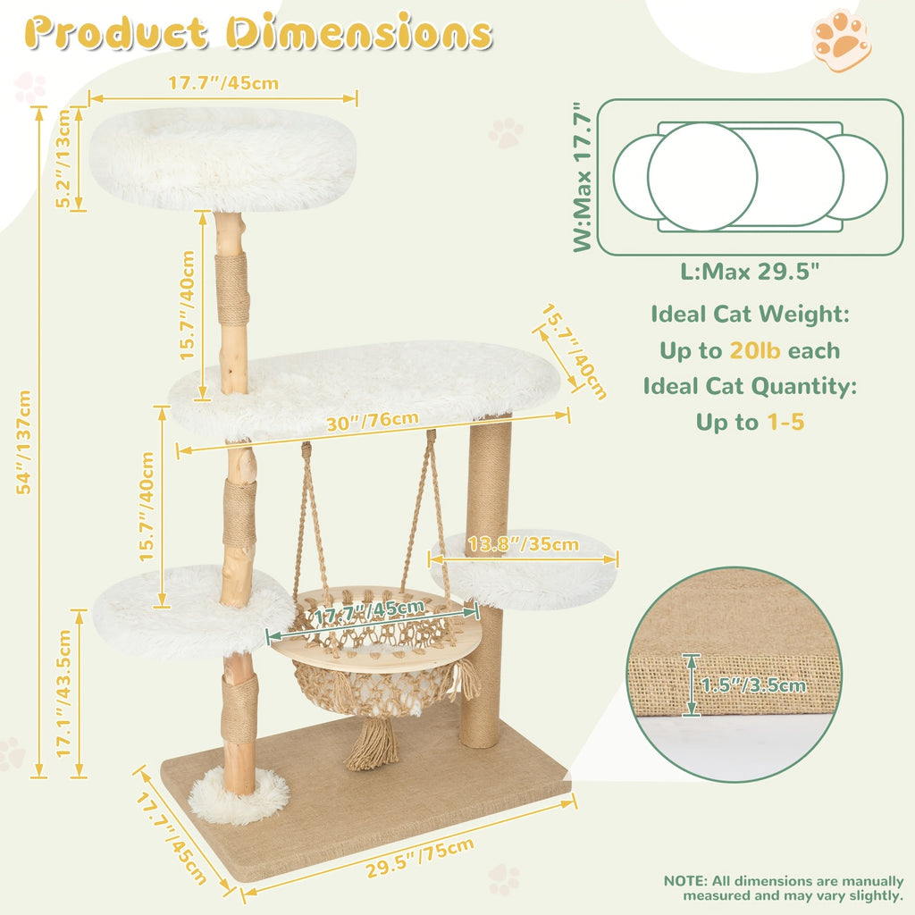 54 Inch Cat Tree for Indoor Cats | Modern Multi-Level Wooden Cat Climbing Tower with Hanging Basket Hammock, Sisal Scratching Posts, Scratchable Base for Multi-Cat Households