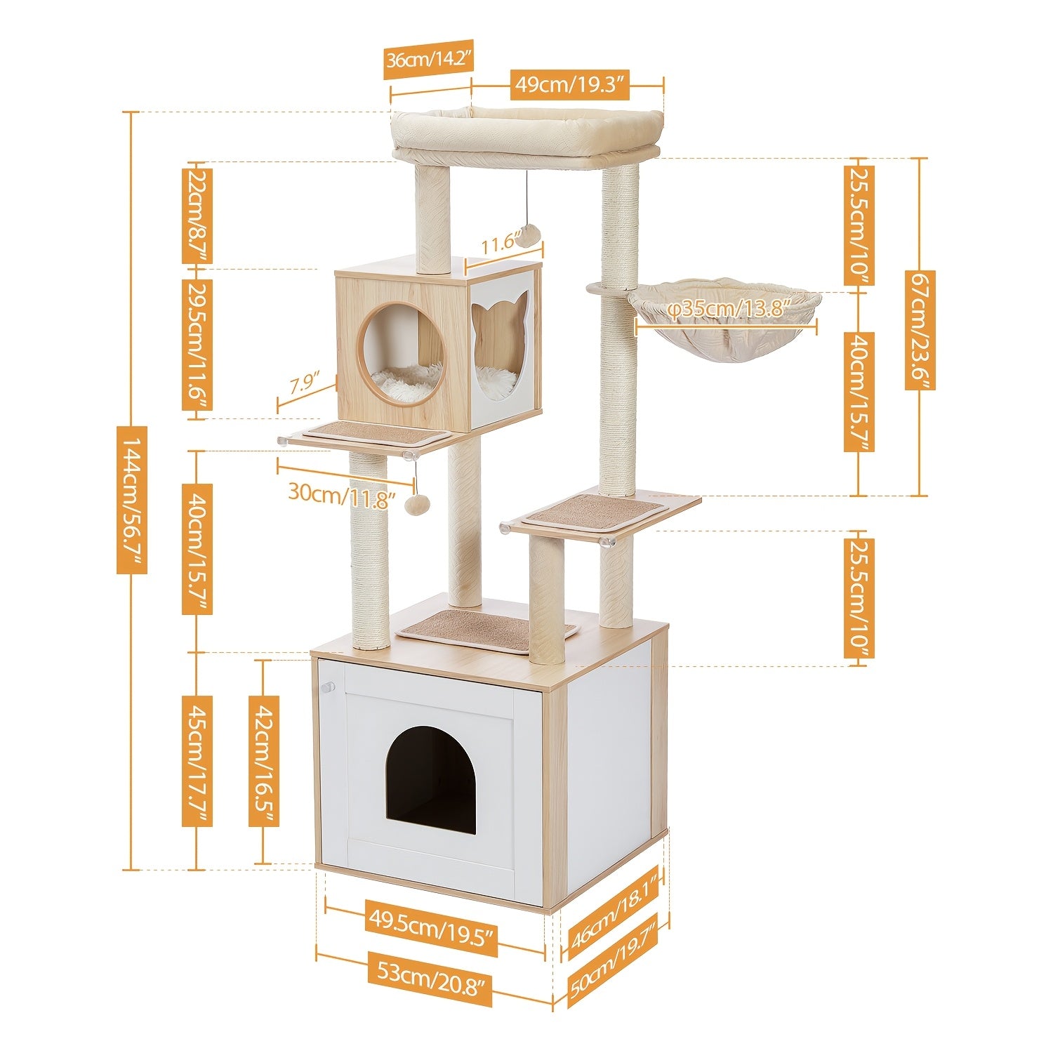 Cat Tree With Litter Box Enclosure Large, Wood Cat Tower For Indoor Cats With Storage Cabinet And Cozy Cat Condo, Sisal Covered Scratching Post And Dangling Balls, Beige, Black, Brown, Grey