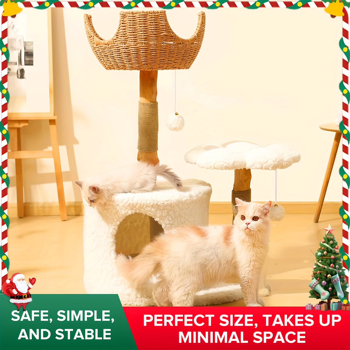 Multi-Level Cat Tree Tower for Kittens Modern Space-Saving Design with Scratching Posts, Caves, 2 Pompoms 2 Cushions, Handwoven, Sturdy Construction for Climbing, Scratching, Resting, Stylish Feline Playhouse, Small Space Solutions, Only for Kitten!!