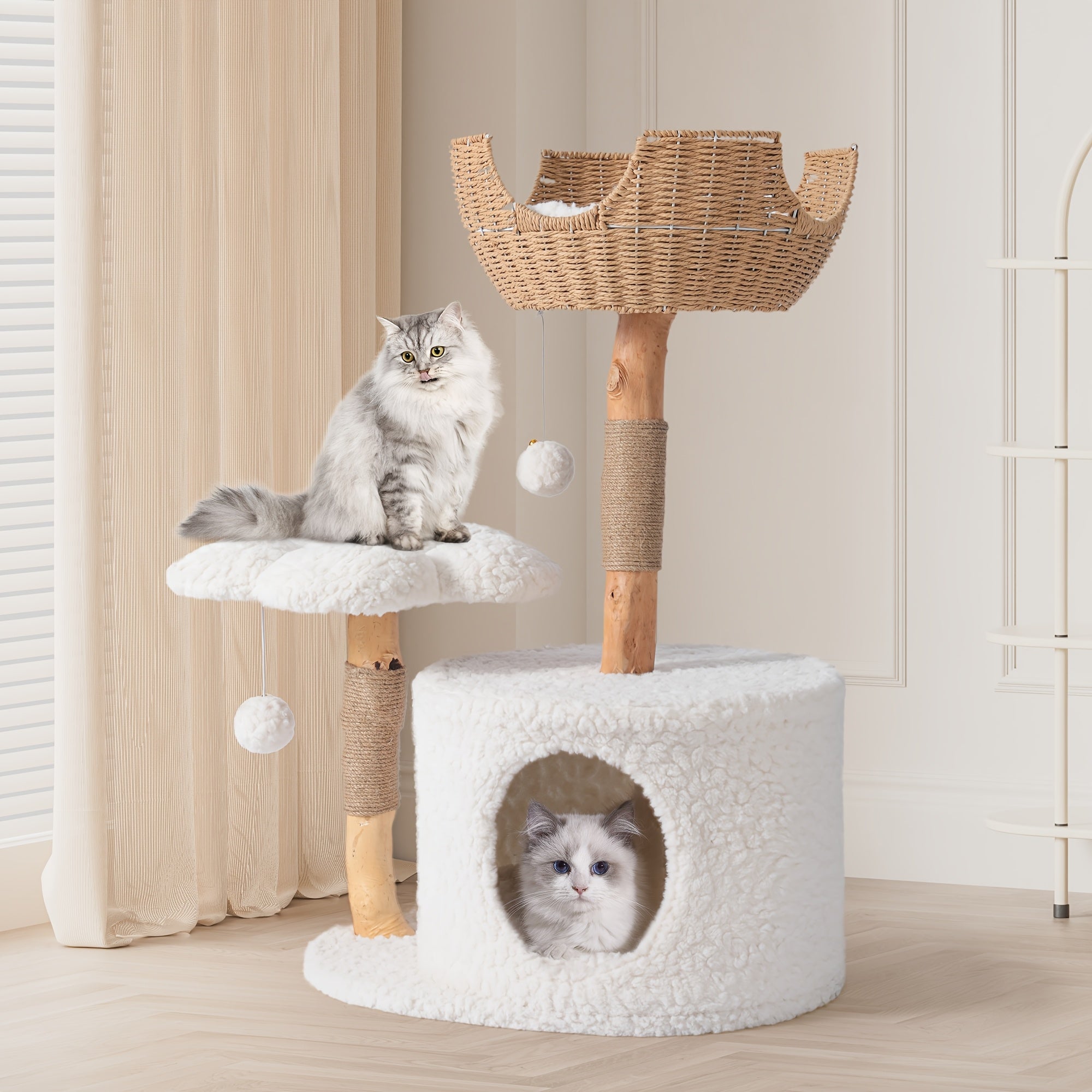 Multi-Level Cat Tree Tower for Kittens Modern Space-Saving Design with Scratching Posts, Caves, 2 Pompoms 2 Cushions, Handwoven, Sturdy Construction for Climbing, Scratching, Resting, Stylish Feline Playhouse, Small Space Solutions, Only for Kitten!!