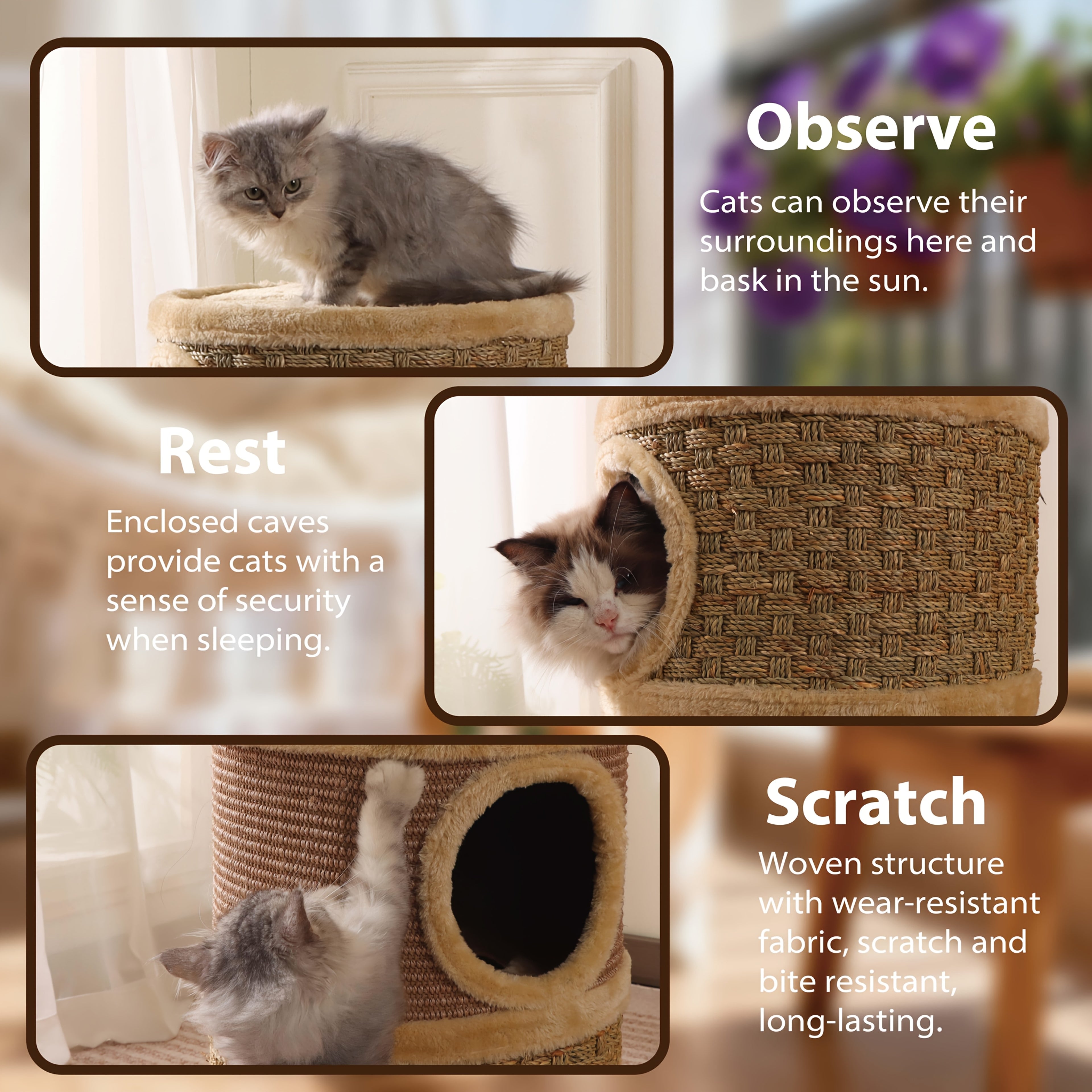 Three-Level Cat Tree Towers for Indoor -Durable Cat Furniture, Cat Scratcher & Cozy Cat Bed, Cat Climbing Frame with A House Hole, Cat Tree House, Cat Hideaway, Scratch-Resistant Design, Tree Hole Style, Sisal Material, Space-Saving