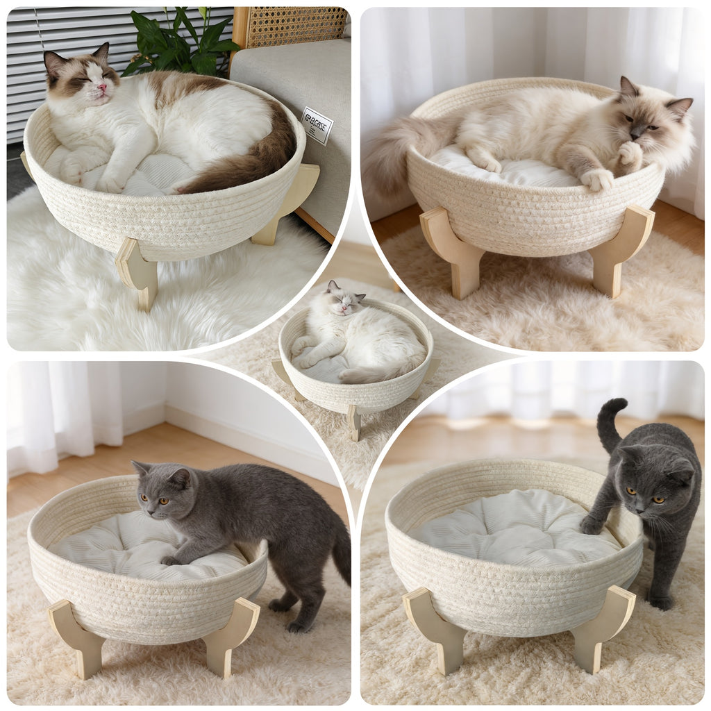 2-in-1 Cat Bed & Scratcher Suitable for Indoor Cats - Round Washable Woven Basket with Soft Cushion & Cozy Kitten Sofa, Assembly, Woven Basket Suitable for for, for Kittens, for Cats, for Small Spaces, for Spaces