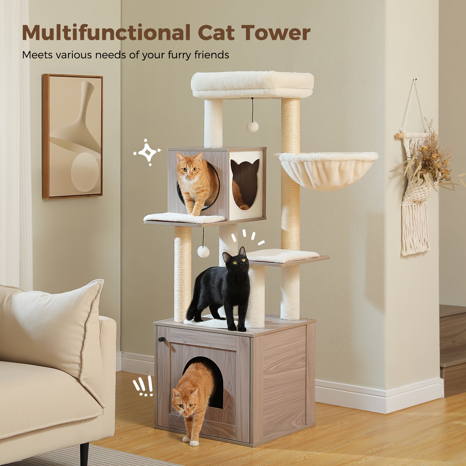 Cat Tree With Litter Box Enclosure Large, Wood Cat Tower For Indoor Cats With Storage Cabinet And Cozy Cat Condo, Sisal Covered Scratching Post And Dangling Balls, Beige, Black, Brown, Grey