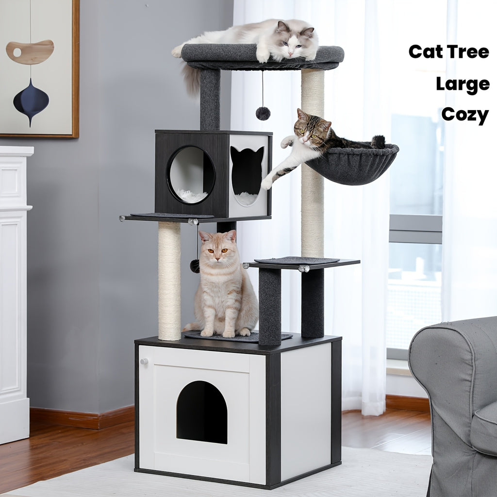 Cat Tree With Litter Box Enclosure Large, Wood Cat Tower For Indoor Cats With Storage Cabinet And Cozy Cat Condo, Sisal Covered Scratching Post And Dangling Balls, Beige, Black, Brown, Grey