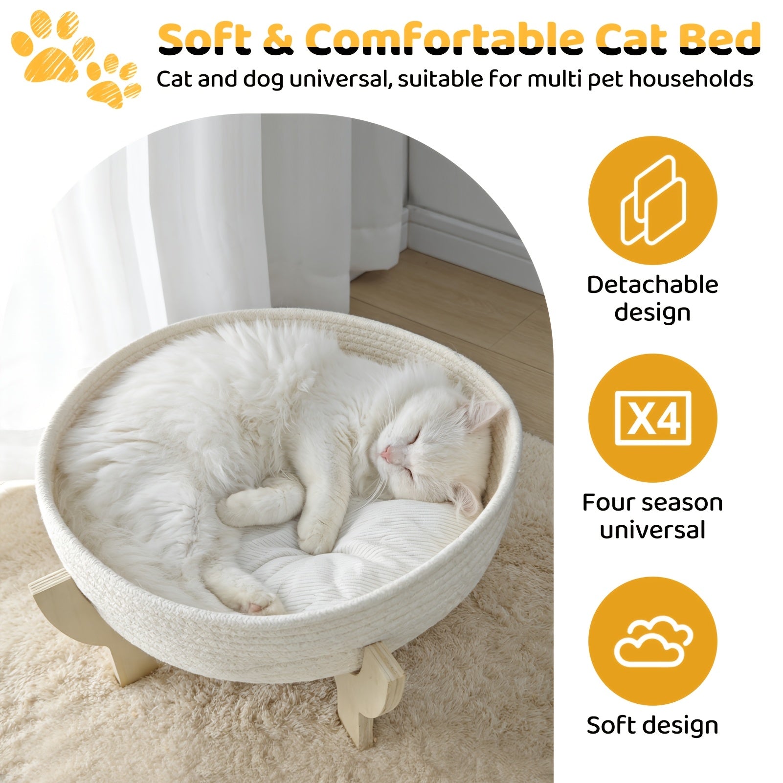 2-in-1 Cat Bed & Scratcher Suitable for Indoor Cats - Round Washable Woven Basket with Soft Cushion & Cozy Kitten Sofa, Assembly, Woven Basket Suitable for for, for Kittens, for Cats, for Small Spaces, for Spaces