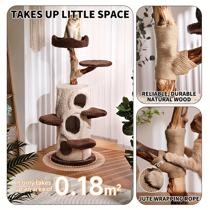 A Cat Tree Structure Featuring Three Comfortable Hideaways - a Stylish Wooden Condo Perfect for Halloween, Designed for Multiple Adult Cats with Spacious Levels, Soft Perches, Platforms, And Scratching Posts
