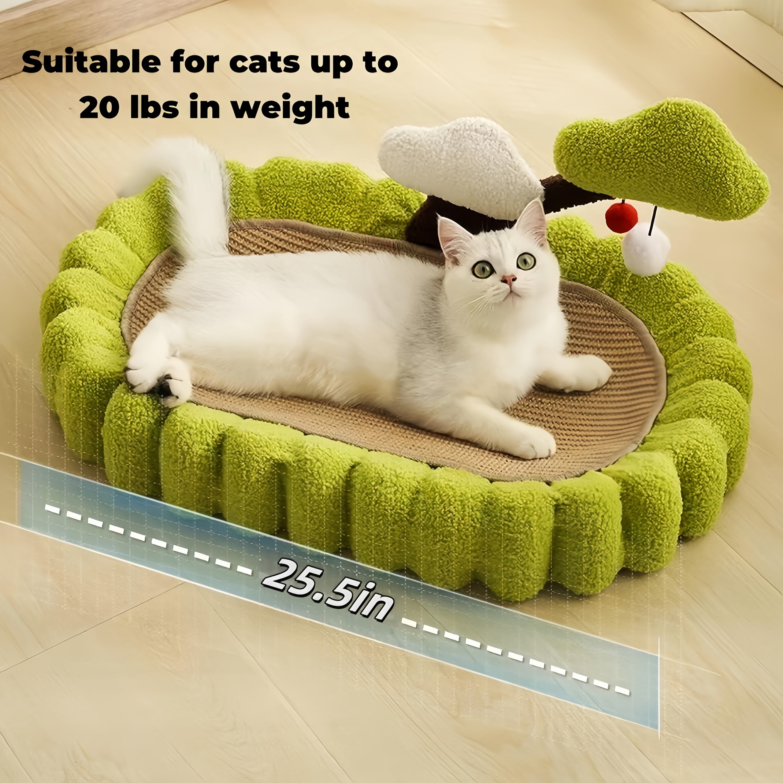 Sisal Cat Scratching Board Bed, 3-in-1 Functional Design, Including 2 Pom Pom Toys, Green Tree-shaped Scratching Post And Lounge Chair, Durable Indoor Cat Furniture Protector
