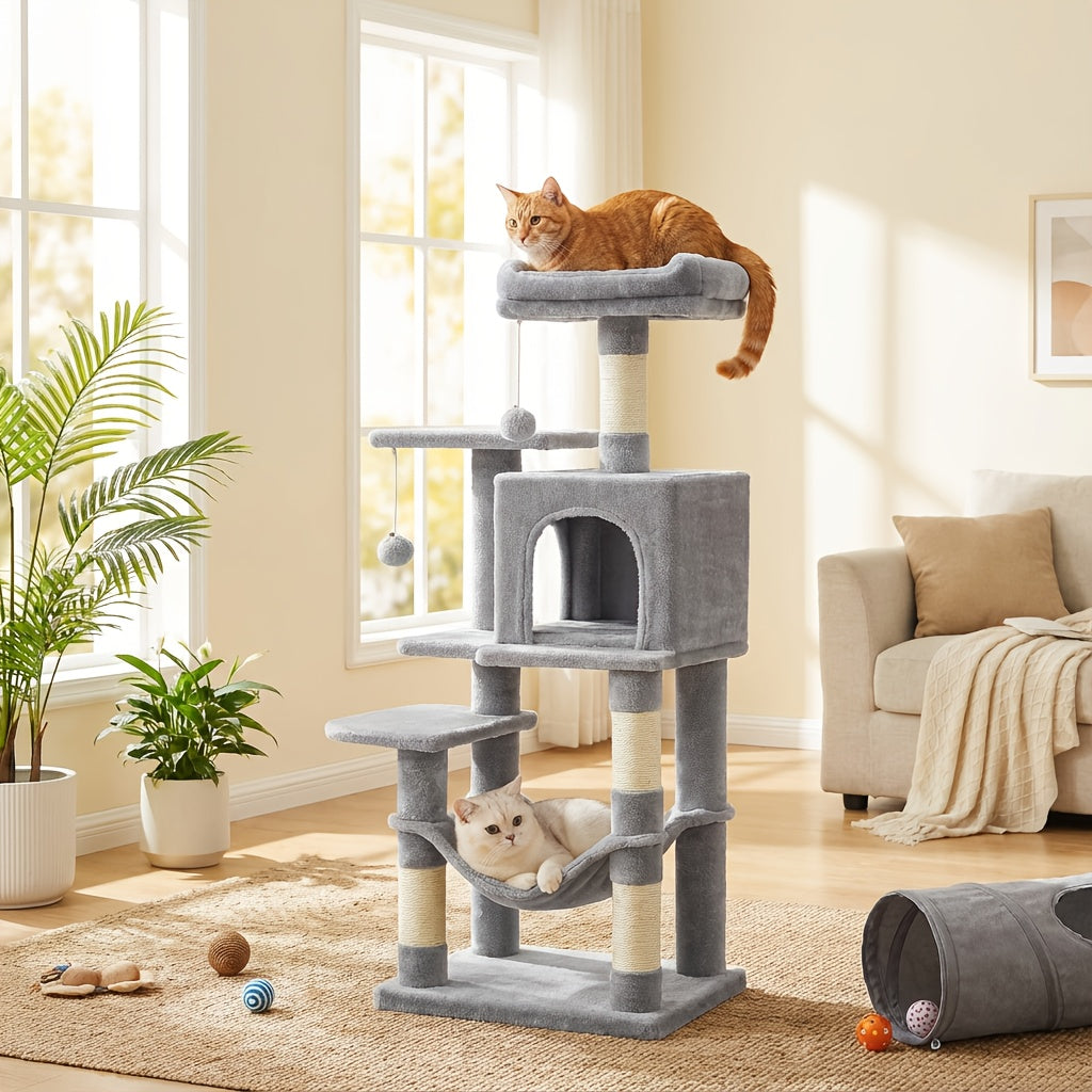 66in\u002F44in Multi-Level Cat Condo Tower with Cozy Cave & Plush Hammock, Featuring 4 Sisal Scratching Posts, 2 Perches, Anti-Tilt Stable House Apartment, Ultimate Pet Playhouse for Multi-Cat Families, Easy 10-Min Assembly, Gift for Kittens & Cats